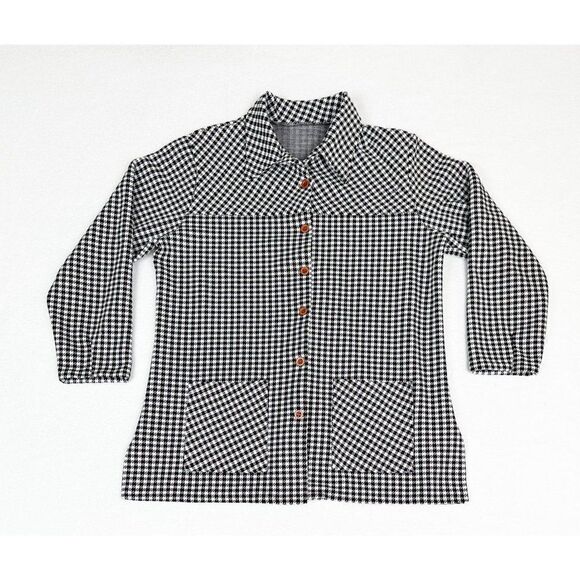 Vintage 70s Houndstooth Shirt Jacket Button Front Pockets 3/4 Sleeve - Picture 1 of 9